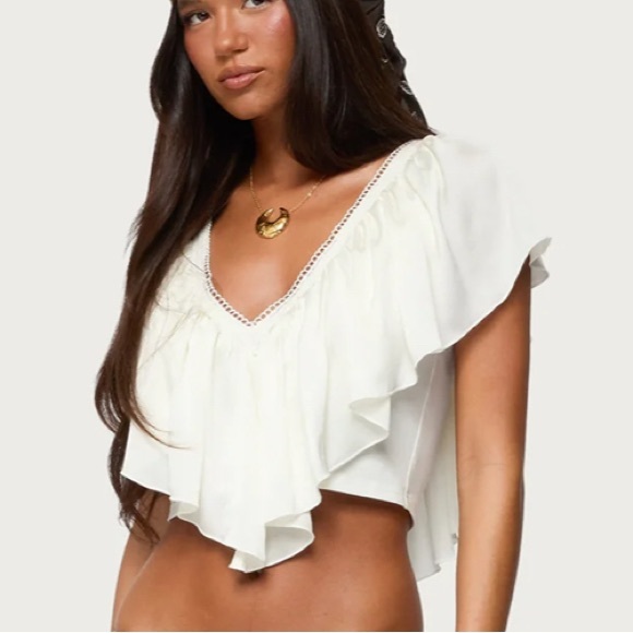 Edikted White Ruffled V-Neck Crop Top - Picture 2 of 5